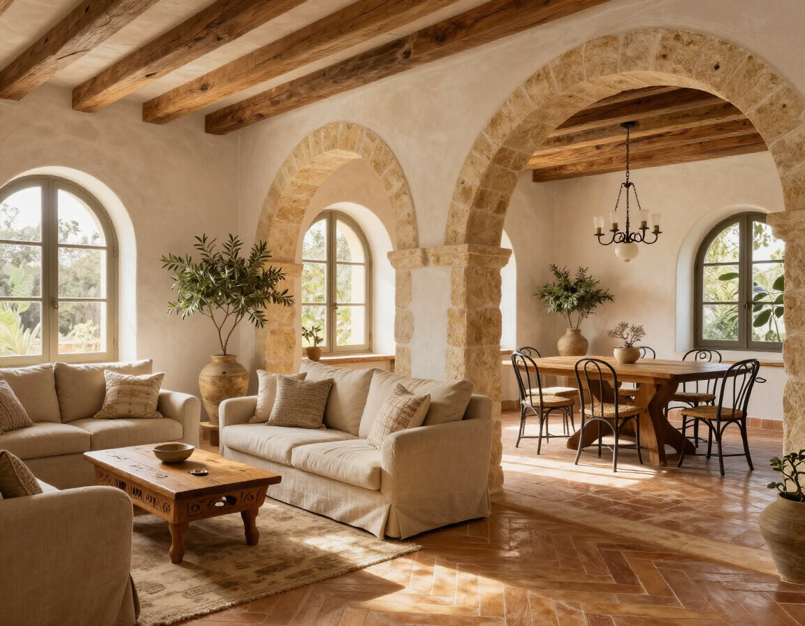 Main living and dining area with stone archway