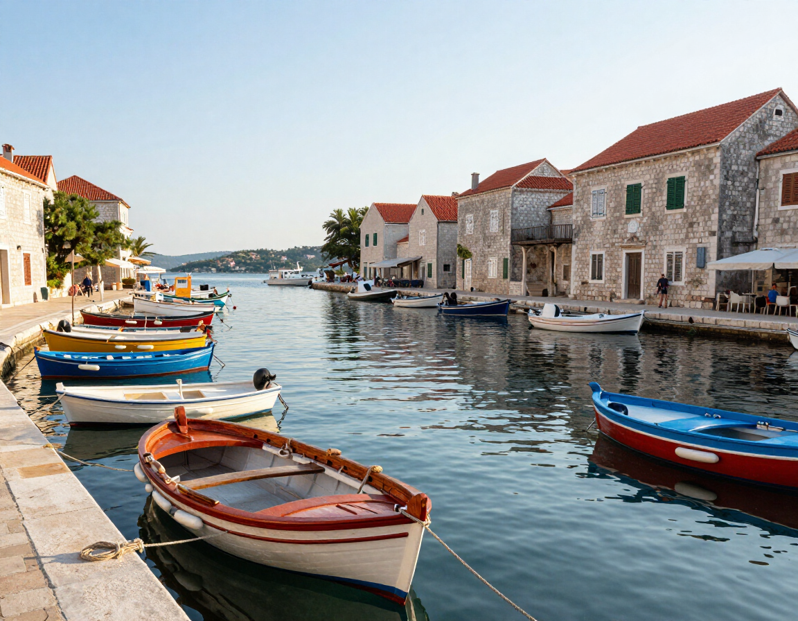 Vrboska harbor with colorful boats and stone houses