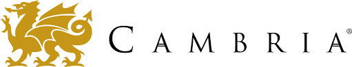 Cambria logo with gold lion emblem and black serif wordmark on a white background