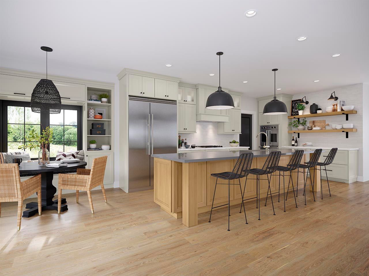 Modern kitchen with island, bar stools, stainless fridge, and dining area with wicker chairs and large windows