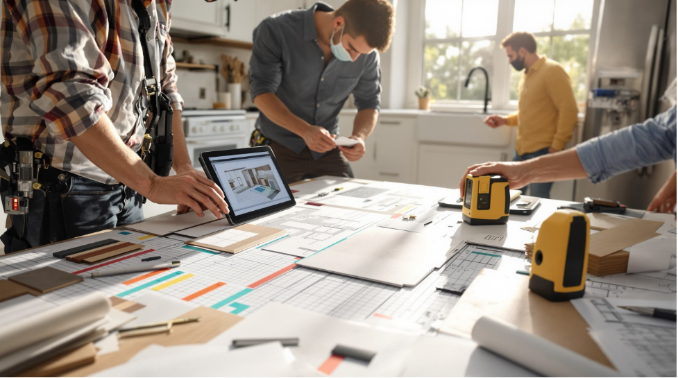People collaborating at a bright office desk with plans, a laptop, and yellow tools.