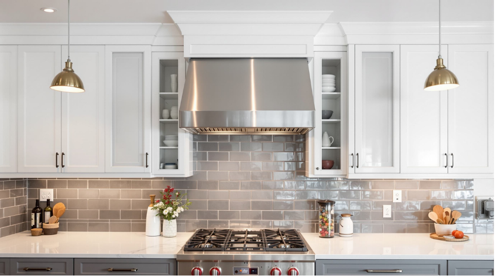 Modern kitchen with white cabinets, stainless steel range hood, gray backsplash, and pendant lights