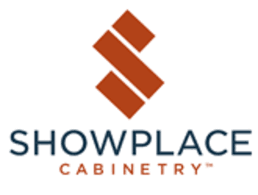 Showplace Cabinetry logo with orange geometric mark and navy text on white background