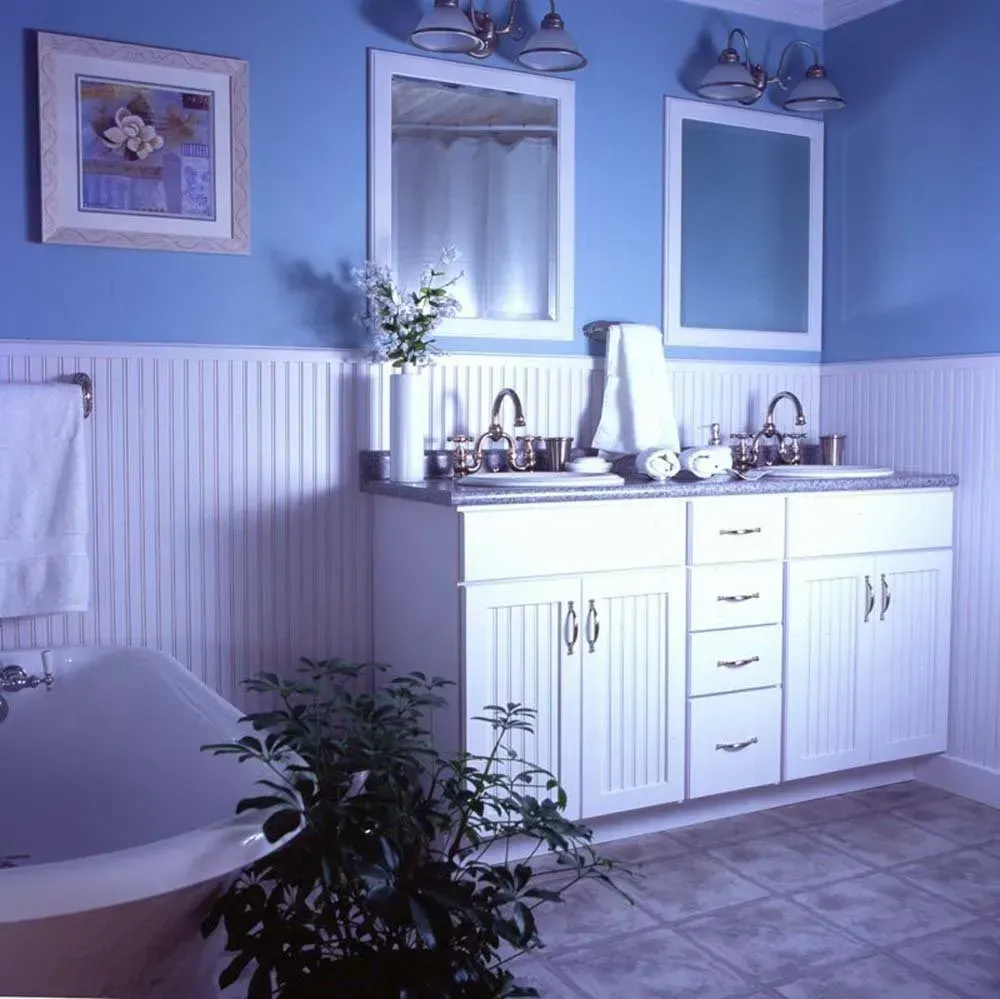 Blue bathroom with white vanity, mirrors, sinks, wall art, and potted plants
