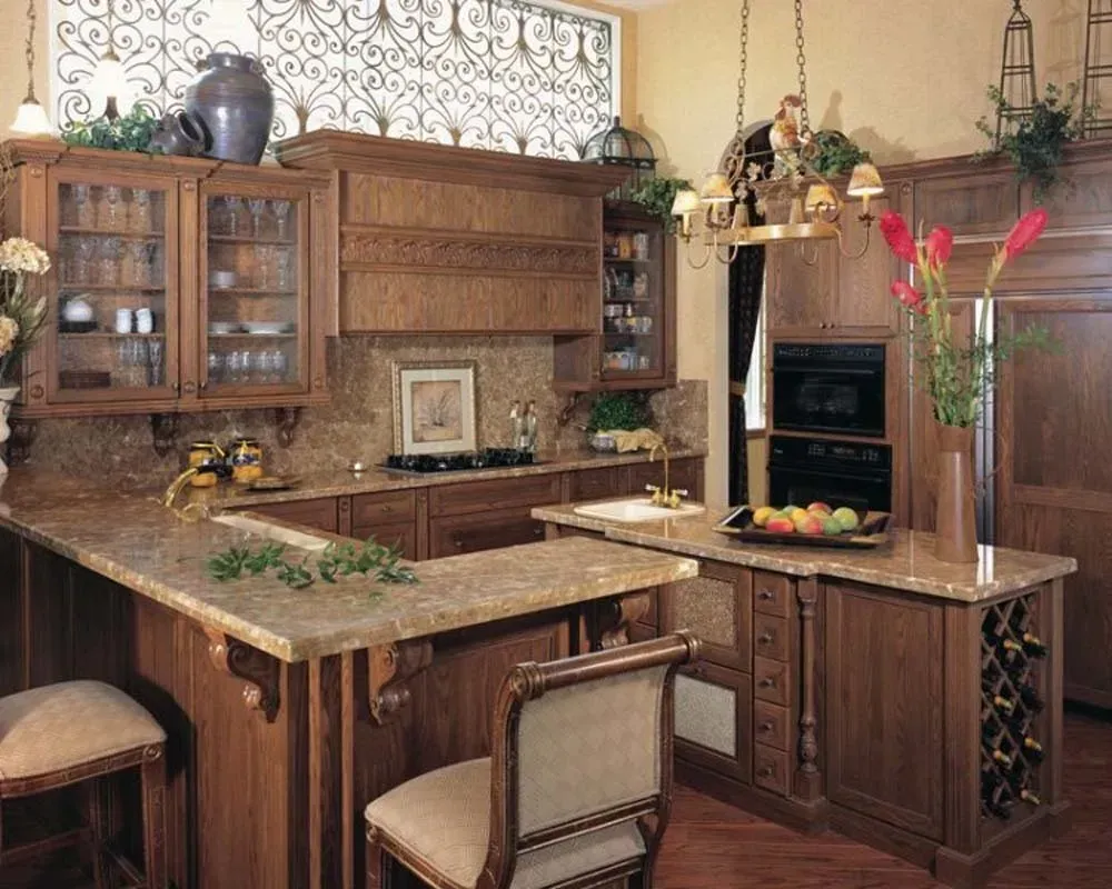 Warm rustic kitchen with wood cabinets, granite counters, and decorative tile backsplash.