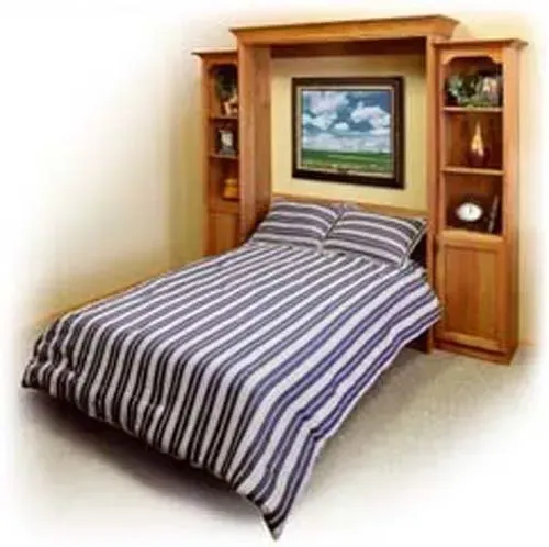 Bed tucked into a wooden cabinet with shelves and a framed painting above the headboard