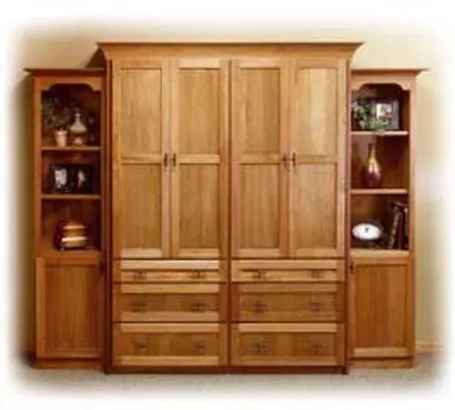 Wooden wall unit with cabinets, drawers, and open shelves on both sides.