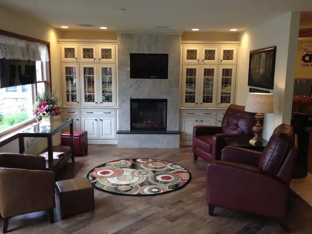 Cozy living room with leather chairs, built-in cabinets, fireplace, TV, and round patterned rug