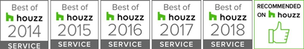 Houzz 2014–2018 service award badges, with green recommended icon