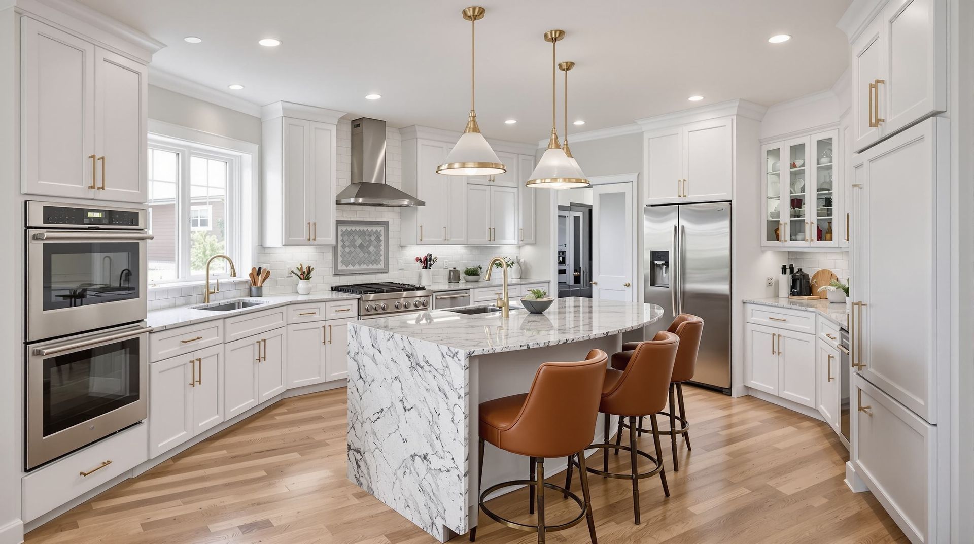 Bright white kitchen with two people preparing food by a sunlit window.