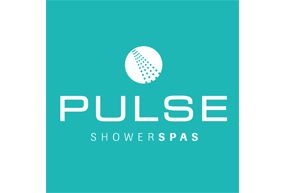 Turquoise PULSE SHOWESPAS logo with a white circular showerhead icon and white text