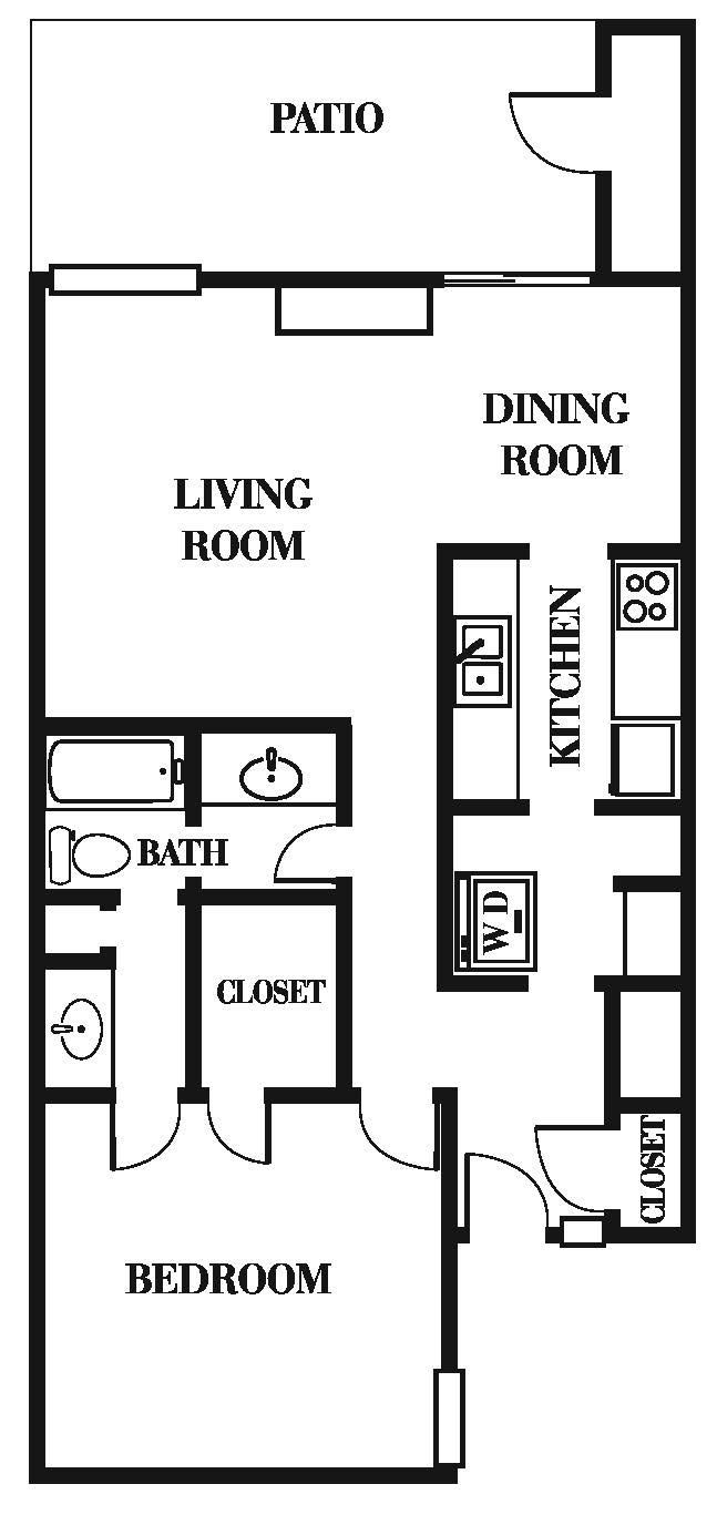 A black and white floor plan of a small apartment.