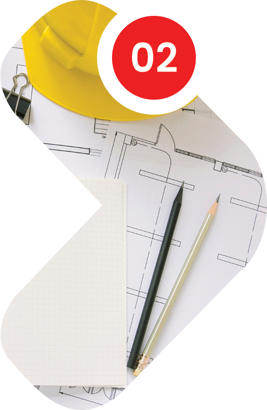 Architectural plans with pencil, hard hat, and red circle with