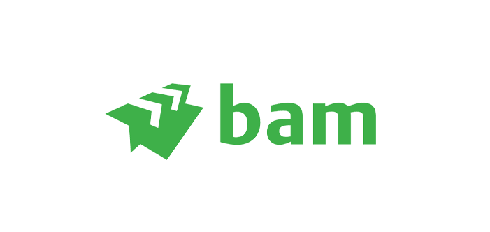 Green "bam" logo with abstract arrow design.