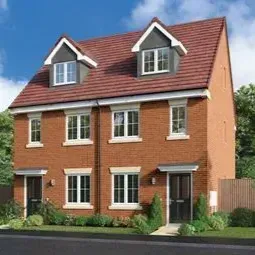 Brick two-story semi-detached house with red roof, dormers, and black front doors; set on a paved road.