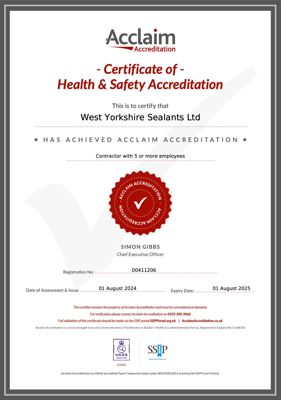 Certificate of Health & Safety Accreditation for West Yorkshire Sealants Ltd, with a red seal and checkmark.