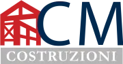 Logo CM rosso e blu navy con banner grigio con la scritta “COSTRUZIONI”