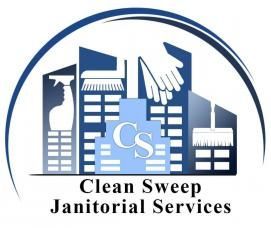 Clean Sweep Janitorial Services logo with blue city skyline and cleaning icons