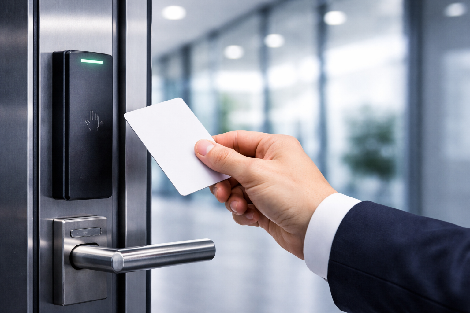 A person in a business suit uses a white access card to unlock a digital door reader in a modern office hallway.