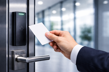 A person in a business suit uses a white access card to unlock a digital door reader in a modern office hallway.
