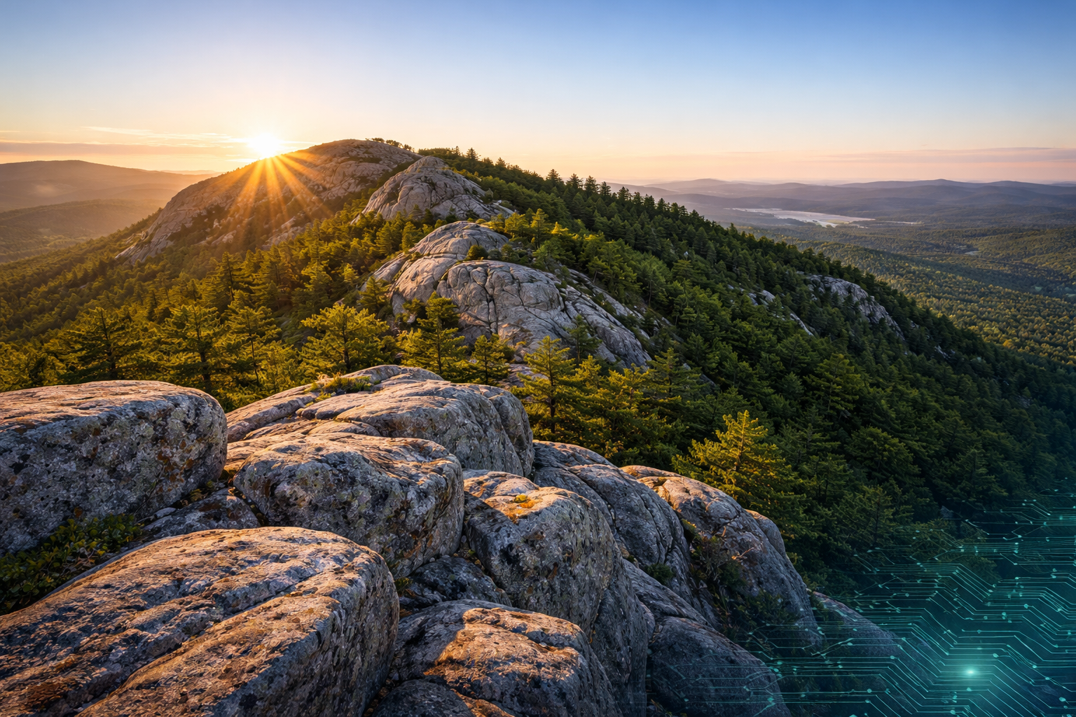 Sunrise illuminates a rocky mountain ridge covered in green pine trees, with a digital network pattern in the corner.