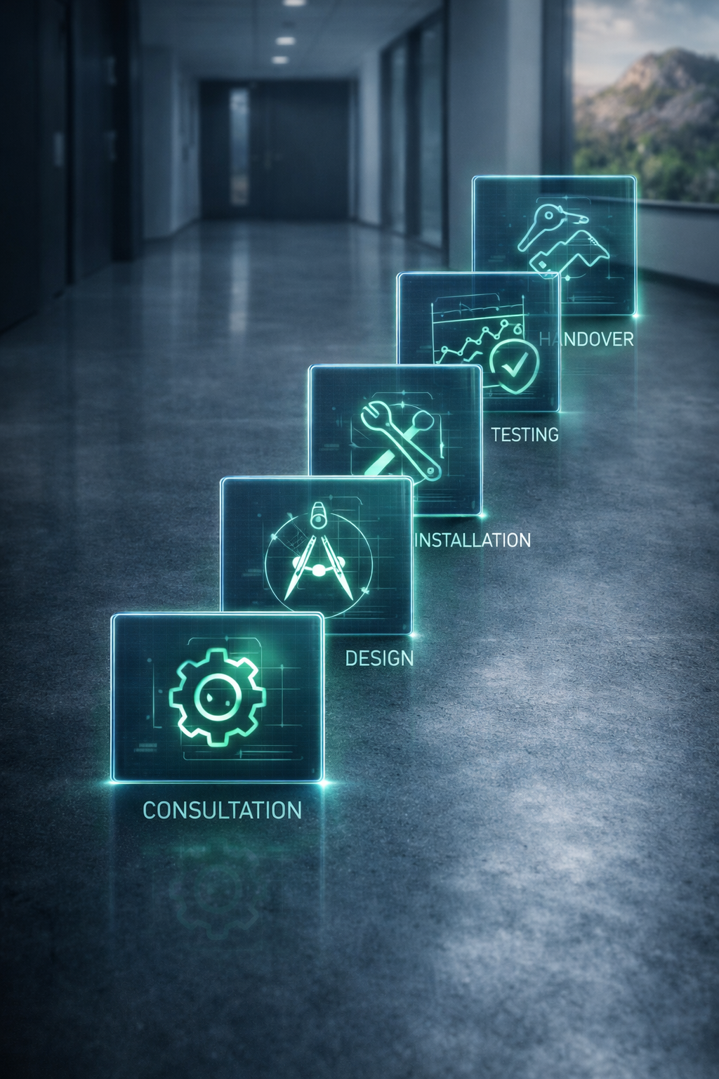 Five glowing, teal icons representing project steps: Consultation, Design, Installation, Testing, and Handover in a hall.