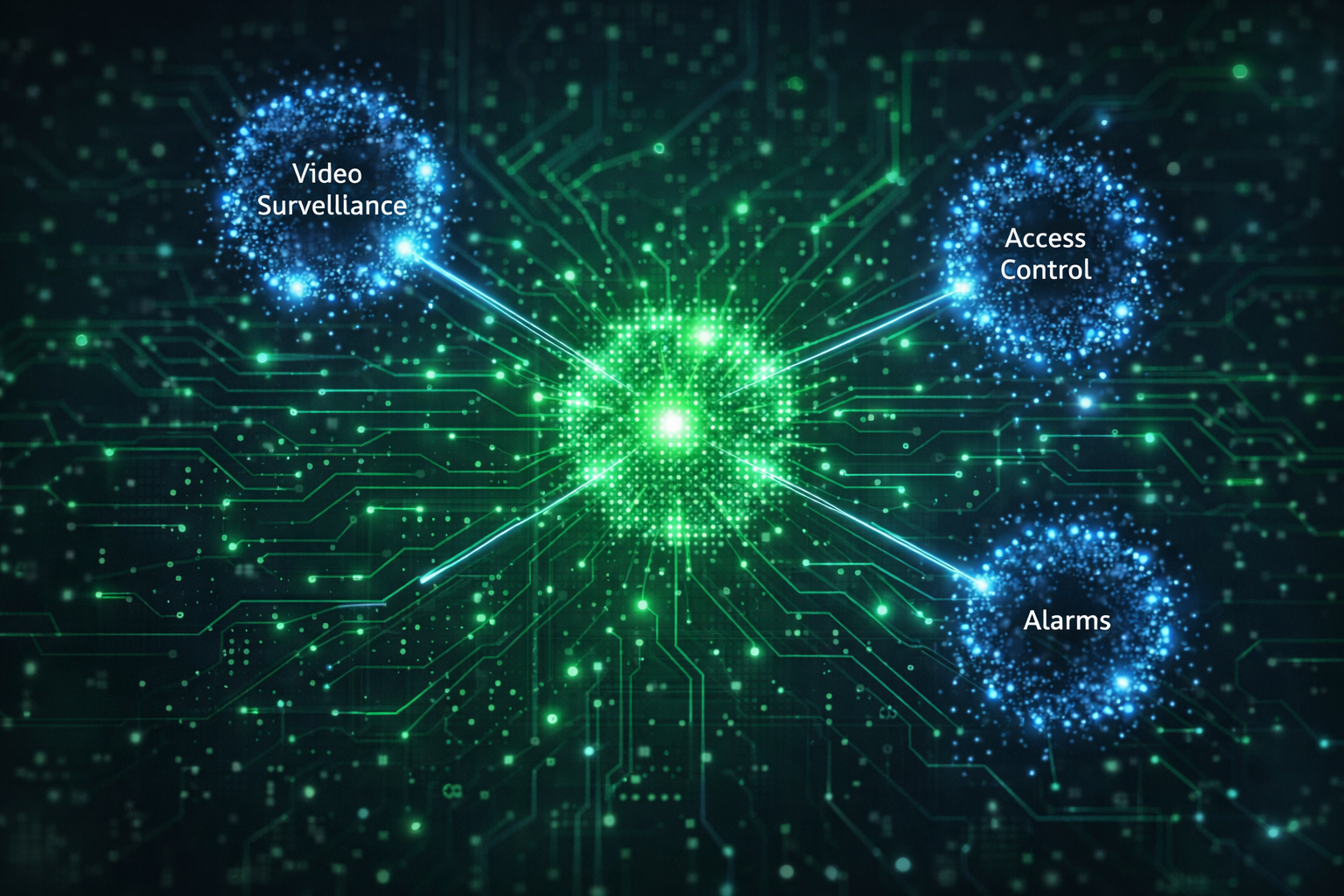 Digital background with a central green light connected to three blue nodes labeled Video Surveillance.