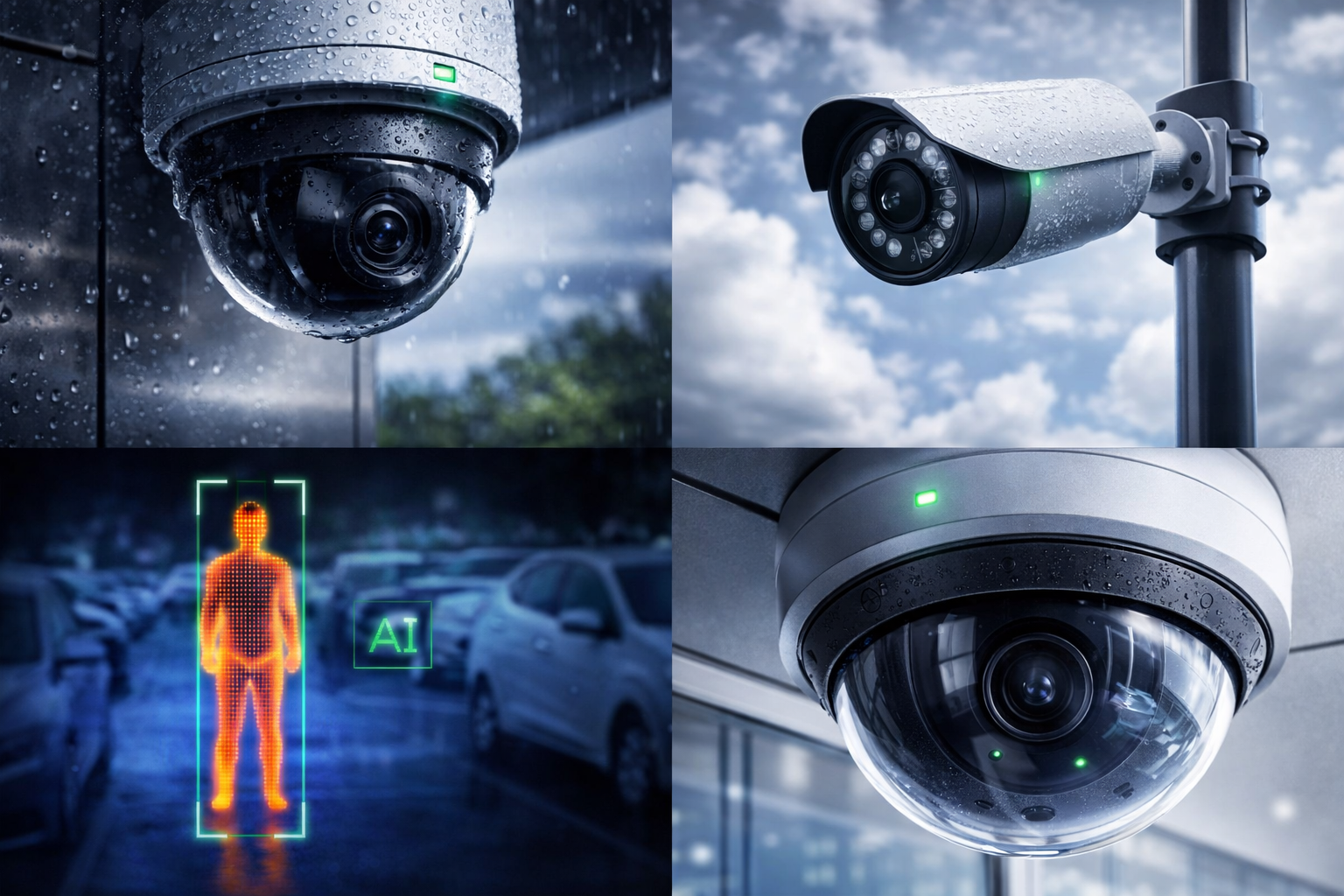 A composite image of various security surveillance cameras and a digital thermal scan of a person in a parking lot.