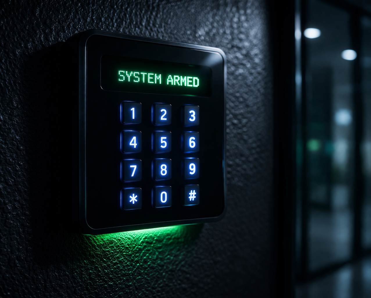A black, wall-mounted security keypad glows with the green text
