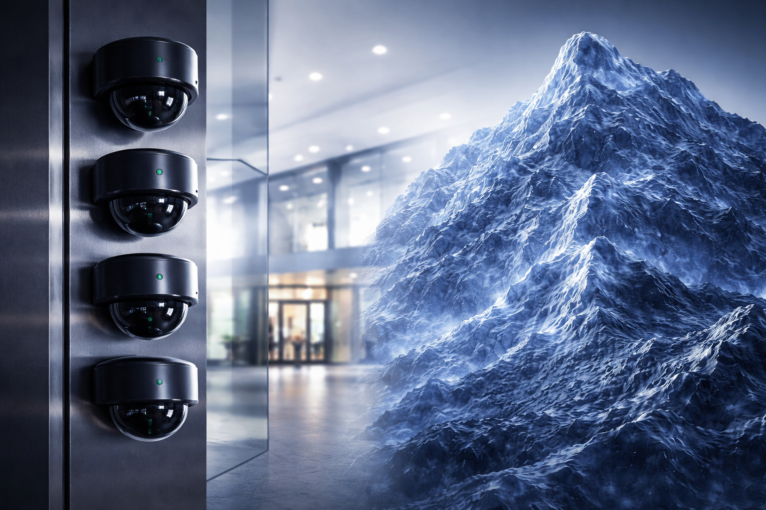 A stack of four security cameras mounted on a wall beside a glass building entrance, with a large, icy mountain superimposed.