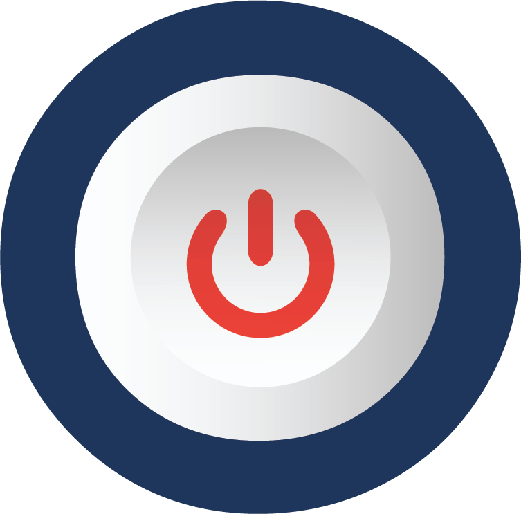 Red power button icon inside a blue circle with a white center
