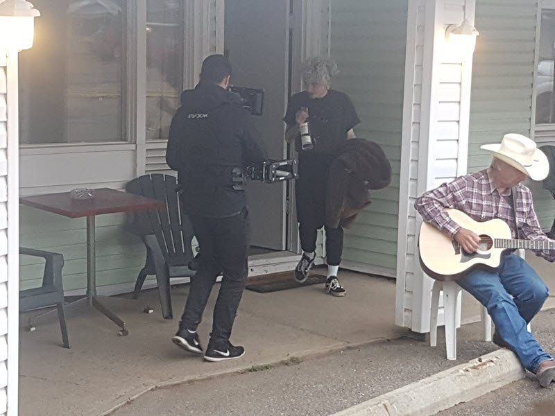 Drumheller, AB: Camera crew filming Cole McEvoy.