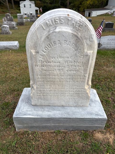 An engraved white marble tombstone for M. Louisa Ballard in a cemetery, featuring an American flag in the background.