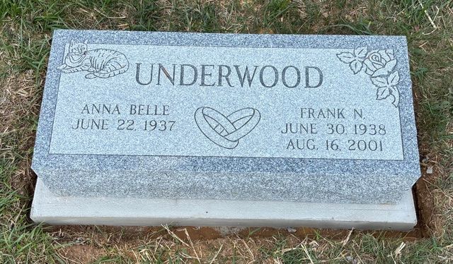 A gray granite gravestone for the Underwood family, with names and dates for Anna Belle and Frank N. set in grass.