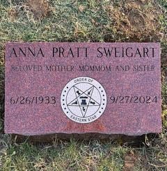 A rectangular, red granite headstone for Anna Pratt Sweigart, featuring the Order of the Eastern Star symbol.