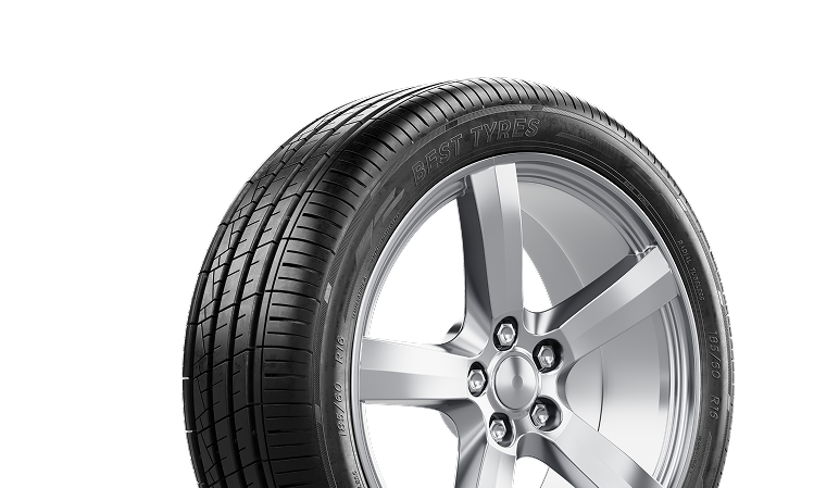 Black car tire mounted on a silver alloy wheel, isolated on white background