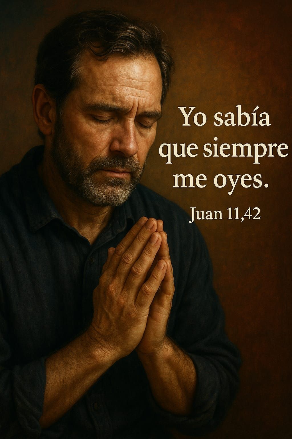 Hombre con las manos juntas en oración y los ojos cerrados. Texto: «Sabía que siempre me escuchas». Juan 11:42.