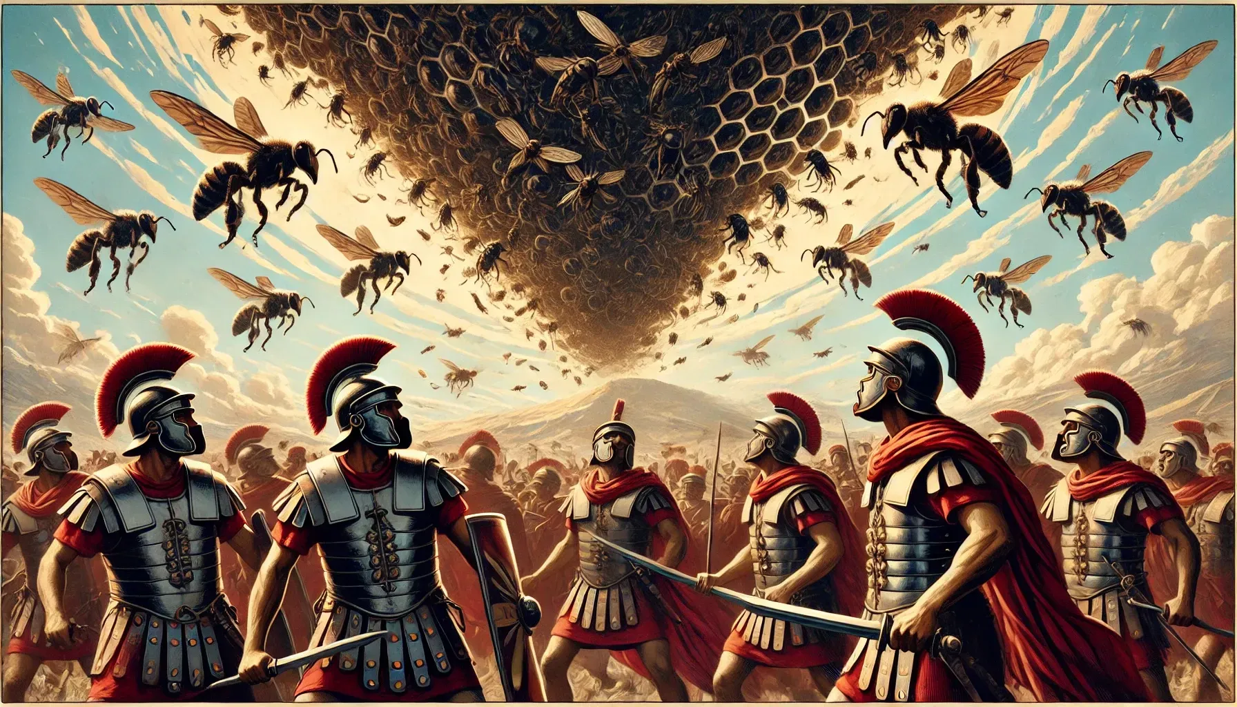 Los soldados romanos se enfrentan a un enjambre de abejas gigantes que descienden de una nube con forma de panal en un campo.