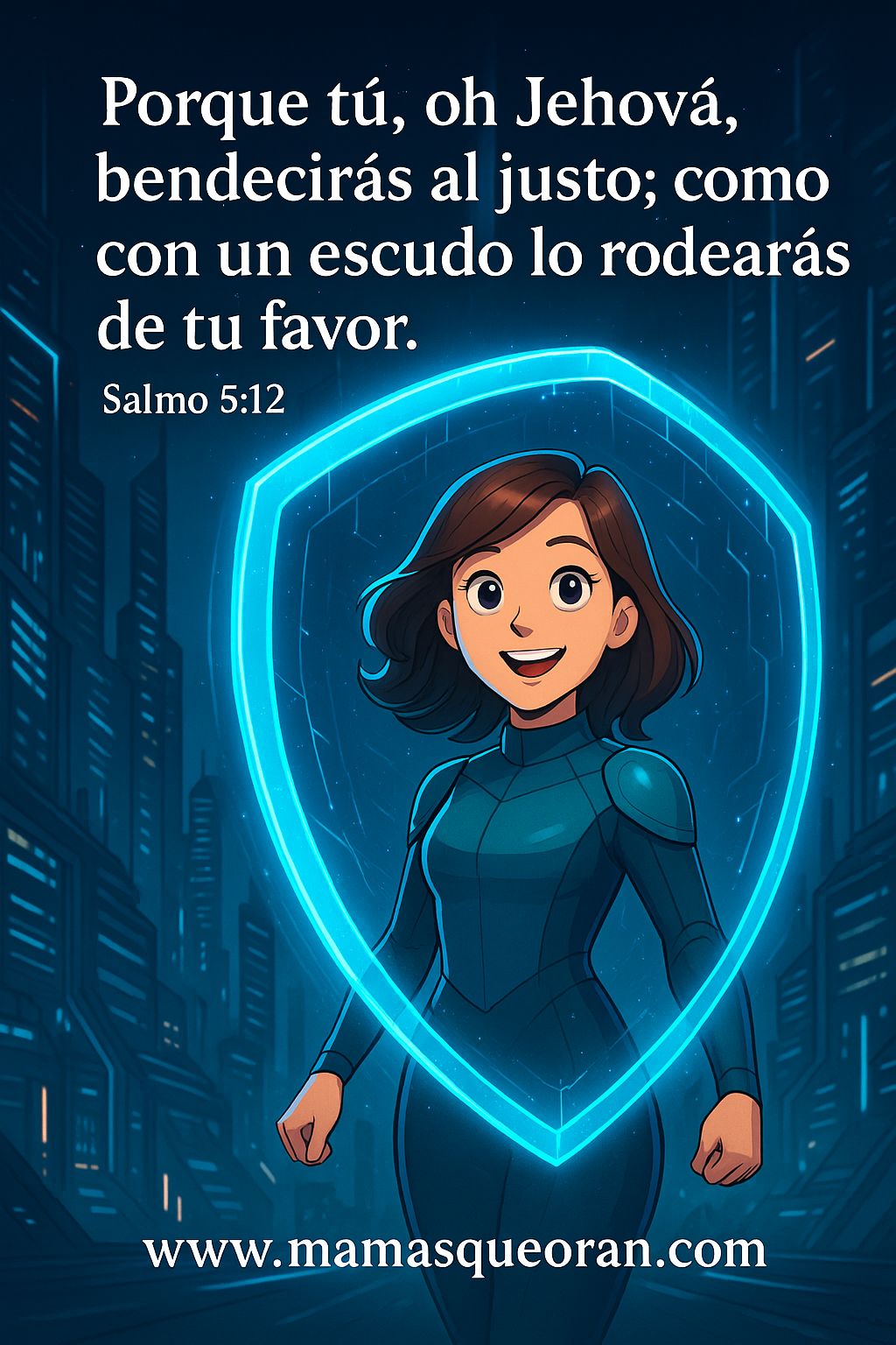 Mujer de caricatura dentro de un escudo azul, con versículo bíblico: