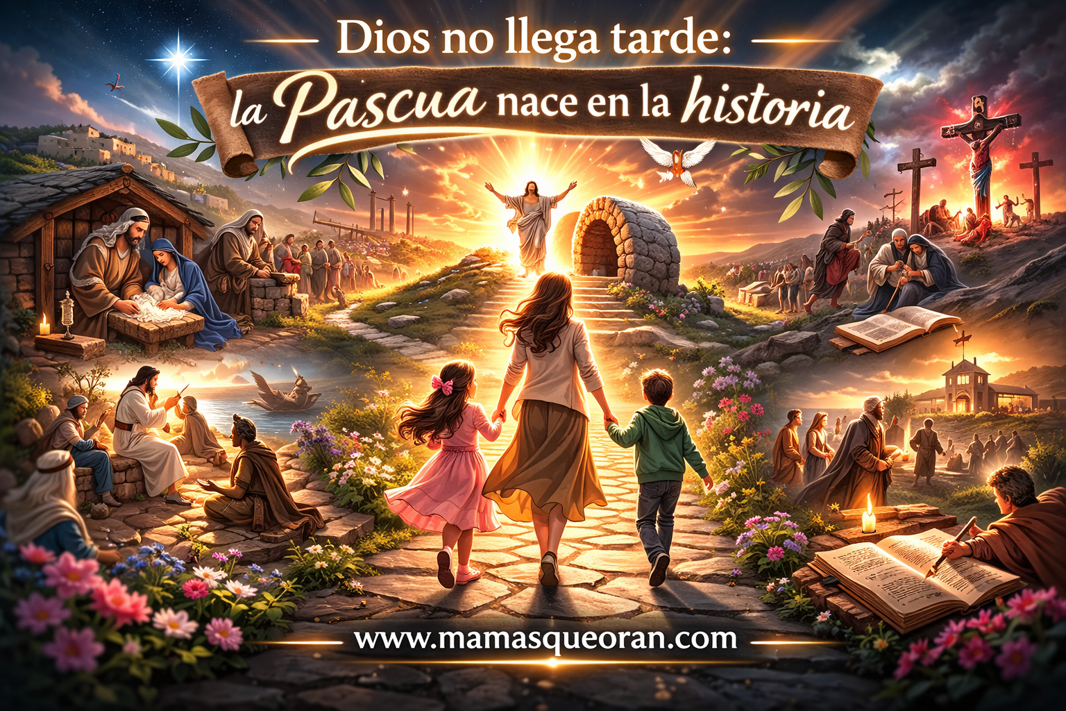 Familia caminando hacia un sepulcro iluminado, con texto “Dios no llega tarde: la Pascua nace en la historia”
