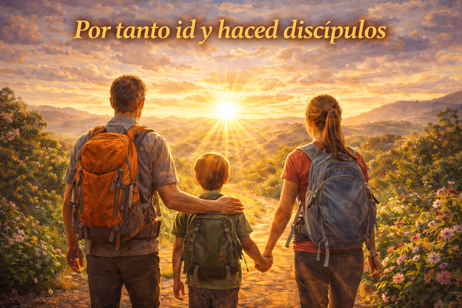Tres personas caminan de la mano hacia un brillante amanecer sobre un sendero de montaña, con texto en español encima.