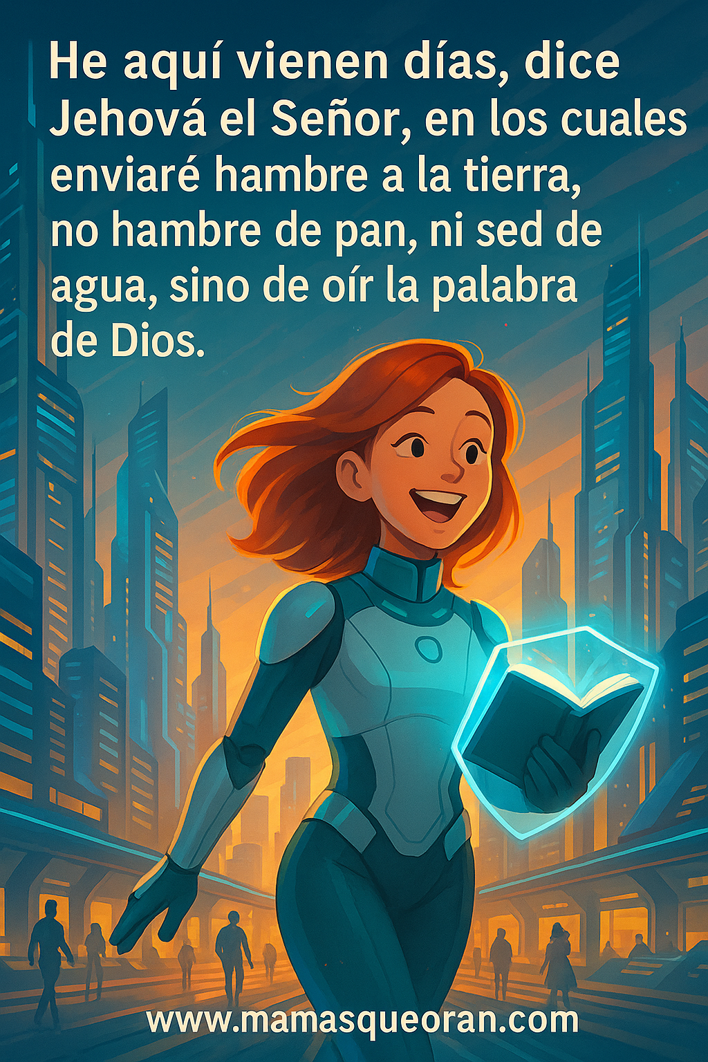 Woman with glowing book in futuristic city, smiling, text: 