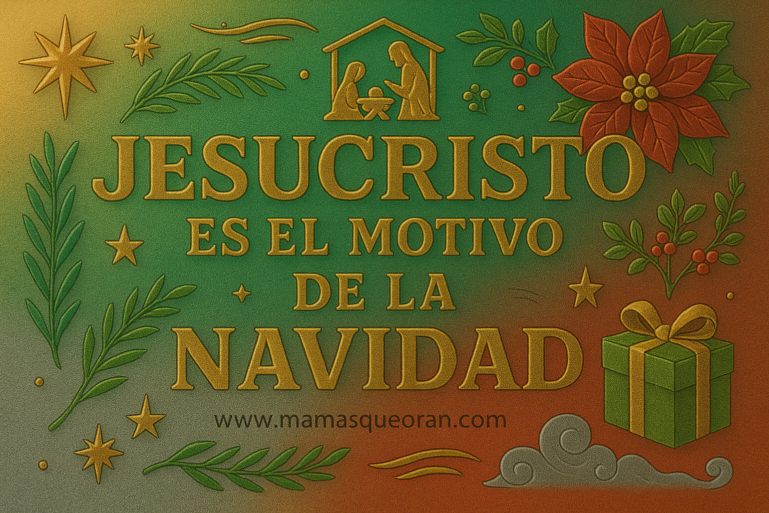 Jesucristo es el motivo de la Navidad en letras doradas sobre fondo verde con adornos navideños y regalos