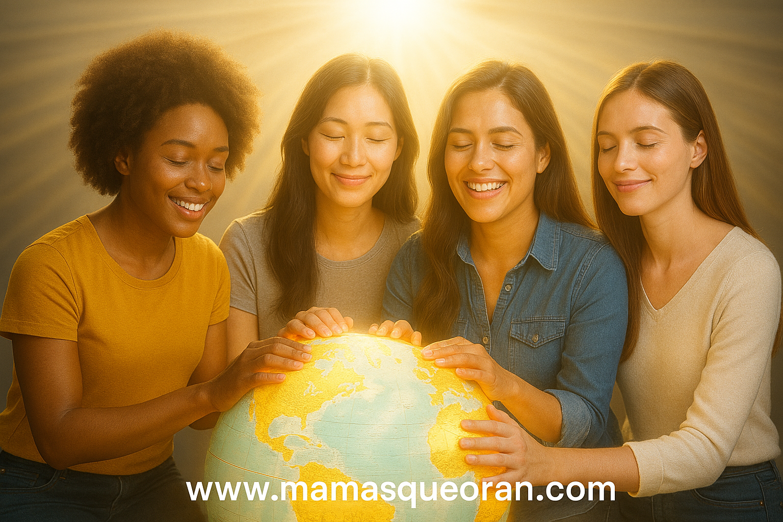 Cuatro mujeres diversas sonriendo, sosteniendo un globo terráqueo, bajo una luz brillante.