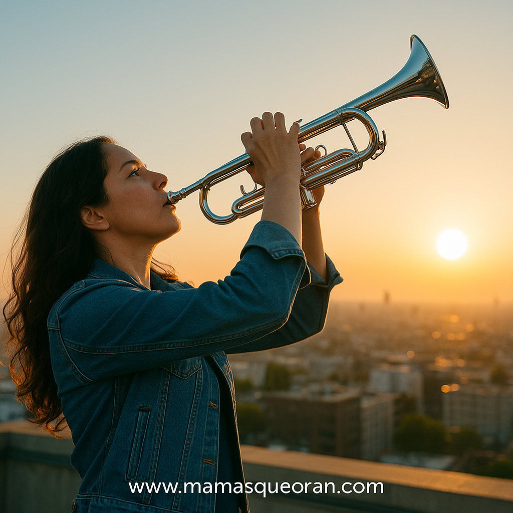 Mujer tocando la trompeta al atardecer en una azotea, recortada contra el horizonte de la ciudad.