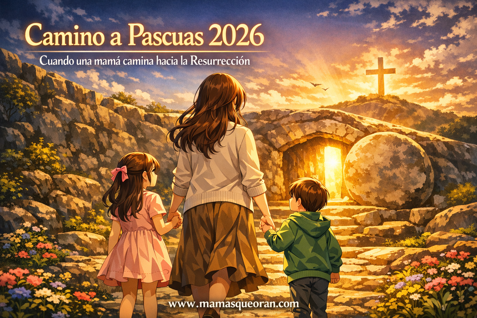 Tres niños caminan hacia una cruz resplandeciente en una colina al atardecer, en un cartel religioso de Pascua.
