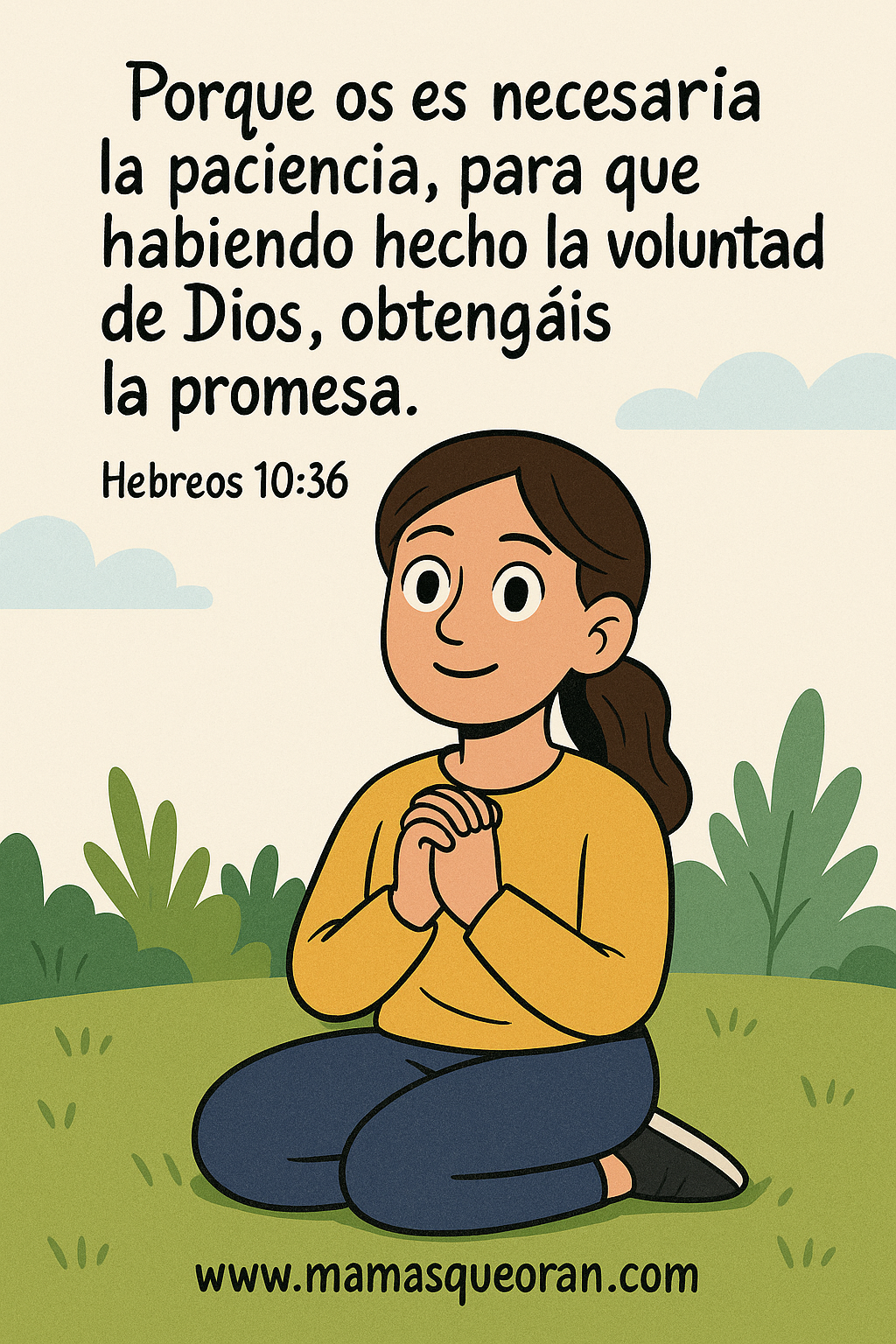Niña arrodillada en oración, con versículo bíblico en español sobre la paciencia y la promesa.