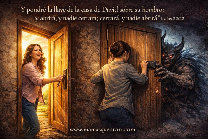 Una mujer abre una puerta resplandeciente mientras una figura oscura espera en otra entrada, con texto en español encima.