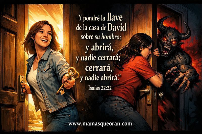 Mujer en una puerta con una cruz junto a un versículo bíblico y una figura oscura con cuernos en luz roja.