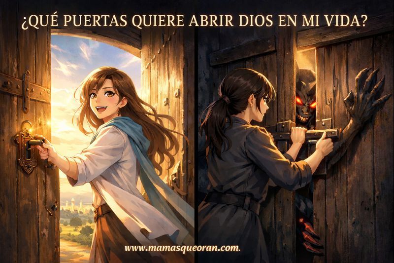 Dos mujeres abriendo puertas en un pasillo iluminado, con un texto en español sobre las puertas que Dios quiere abrir.